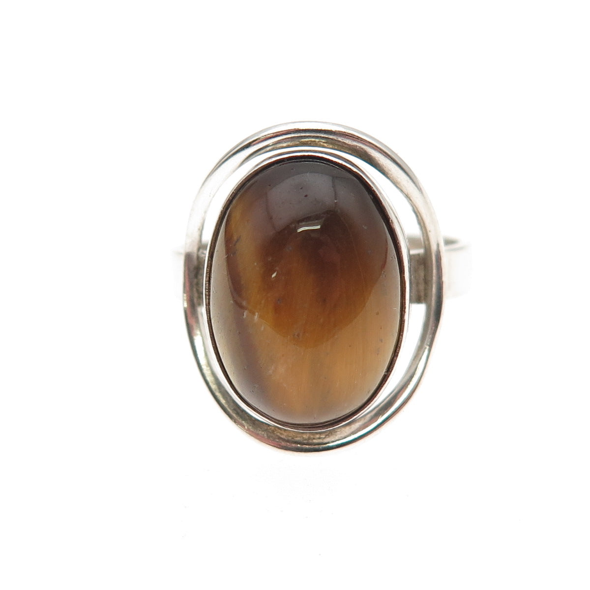 925 Sterling Silver Vintage Israel Real Tiger Eye Modernist Oxidized Ring Size 6