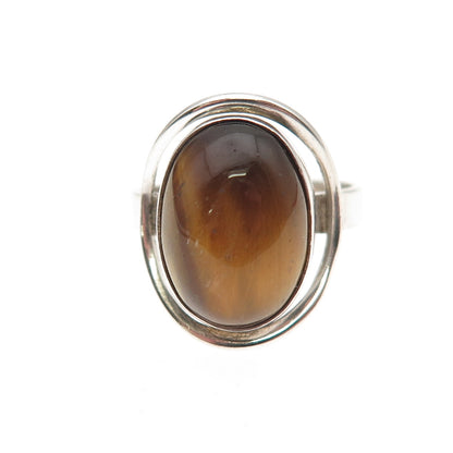 925 Sterling Silver Vintage Israel Real Tiger Eye Modernist Oxidized Ring Size 6