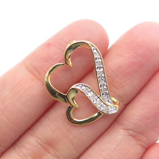 925 Sterling Silver Gold Plated Real Round-Cut Diamond Two Hearts Mini Pendant