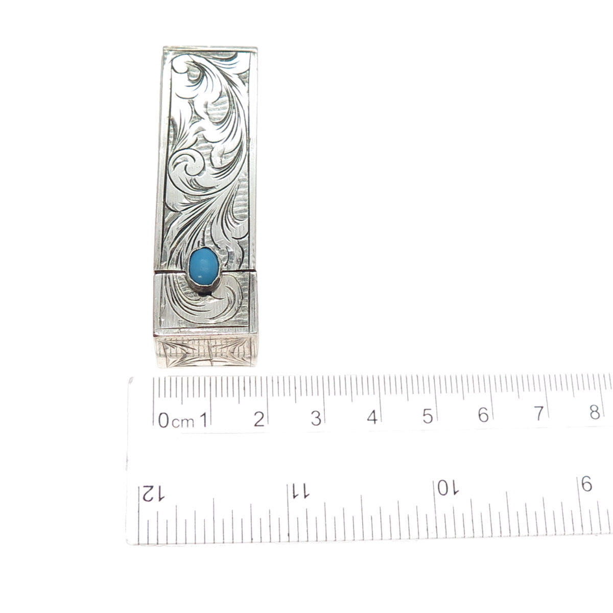 800 Silver Antique Art Deco Real Turquoise Engraved Tube Slide Lipstick Case