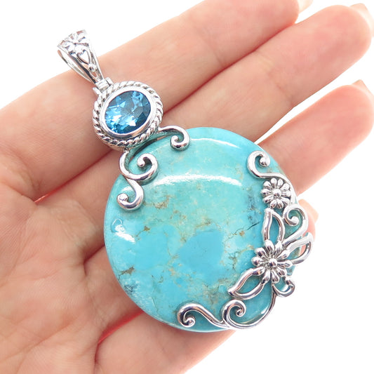 CHAPAL ZENRAY 925 Sterling Silver Vintage Real Turquoise & Blue Topaz Pendant