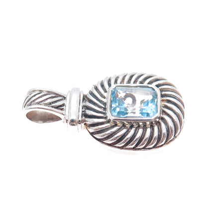 925 Sterling Silver Vintage Real Emerald-Cut Blue Topaz Oxidized Charm Pendant