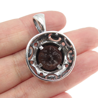 925 Sterling Silver Vintage Real Smoky Quartz Ornate Pendant