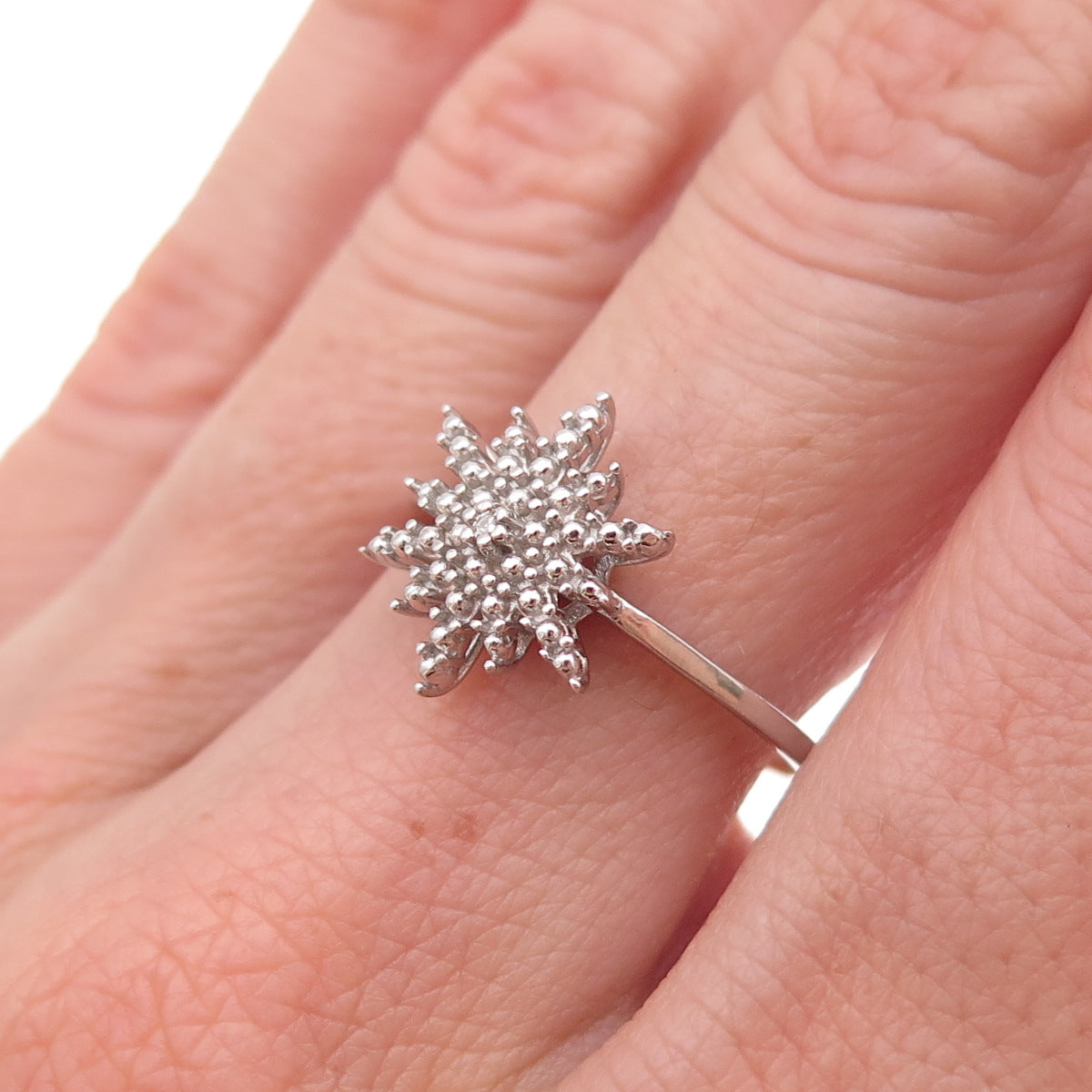 D'Joy 925 Sterling Silver Real Round-Cut Diamond Snowflake Ring Size 7.25