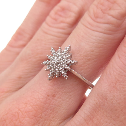 D'Joy 925 Sterling Silver Real Round-Cut Diamond Snowflake Ring Size 7.25