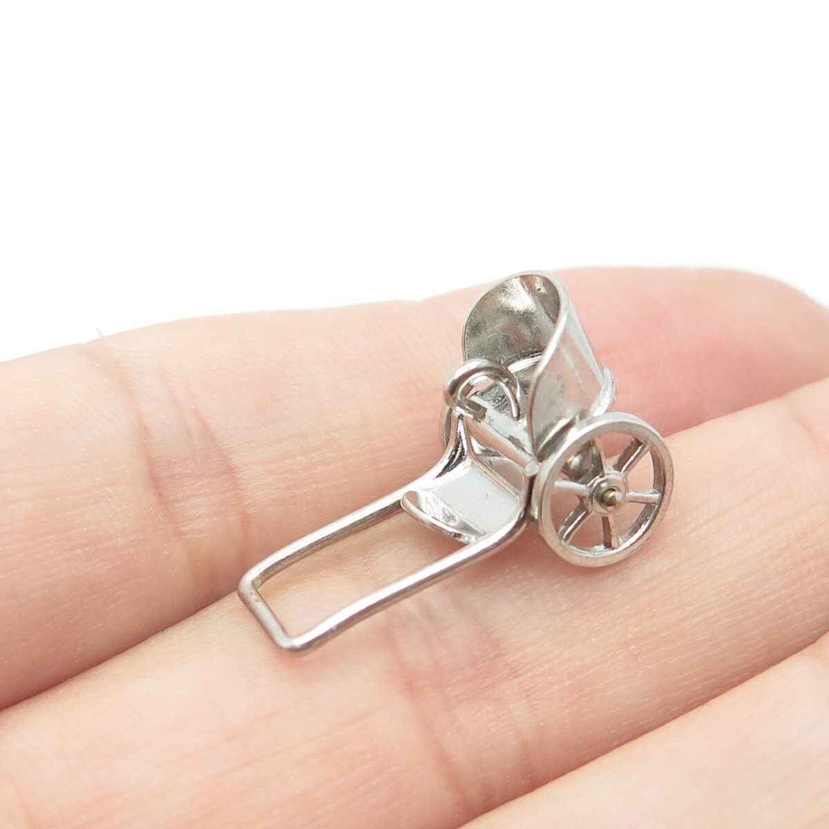 925 Sterling Silver Antique Art Deco Wheeled Cart Moveable 3D Charm Pendant