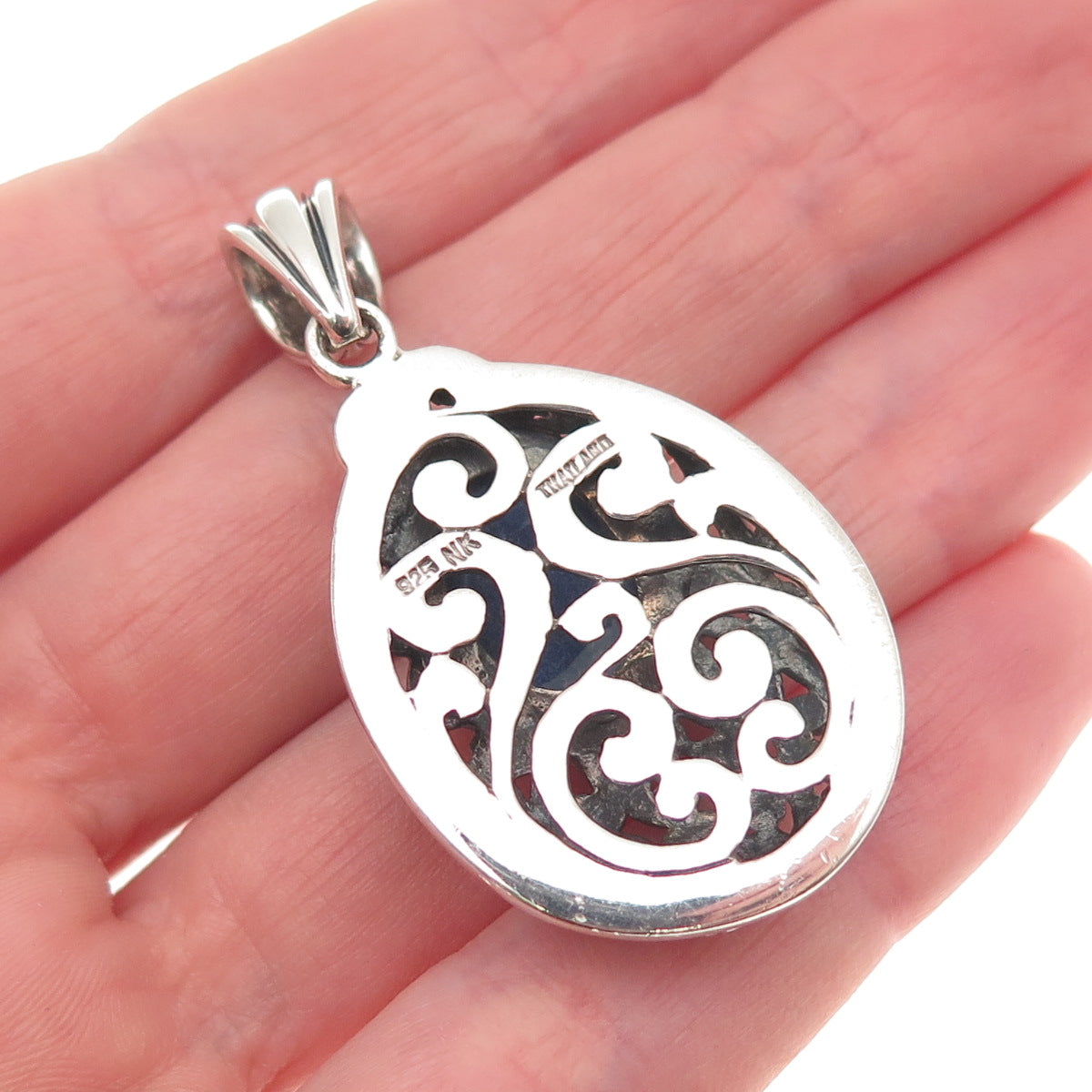 925 Sterling Silver Vintage Real Lapis Scroll Teardrop Oxidized Pendant