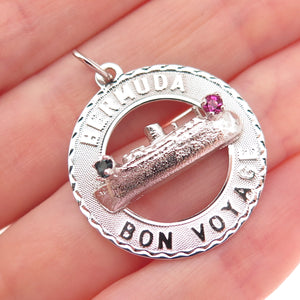 CREA 925 Sterling Silver Vintage Rhinestone Bermuda Bon Voyage Charm Pendant