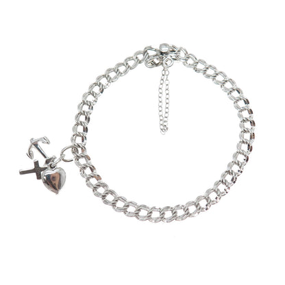 ELCO Sterling Silver Vintage Heart Anchor Cross Double Curb Link Bracelet 6.75"