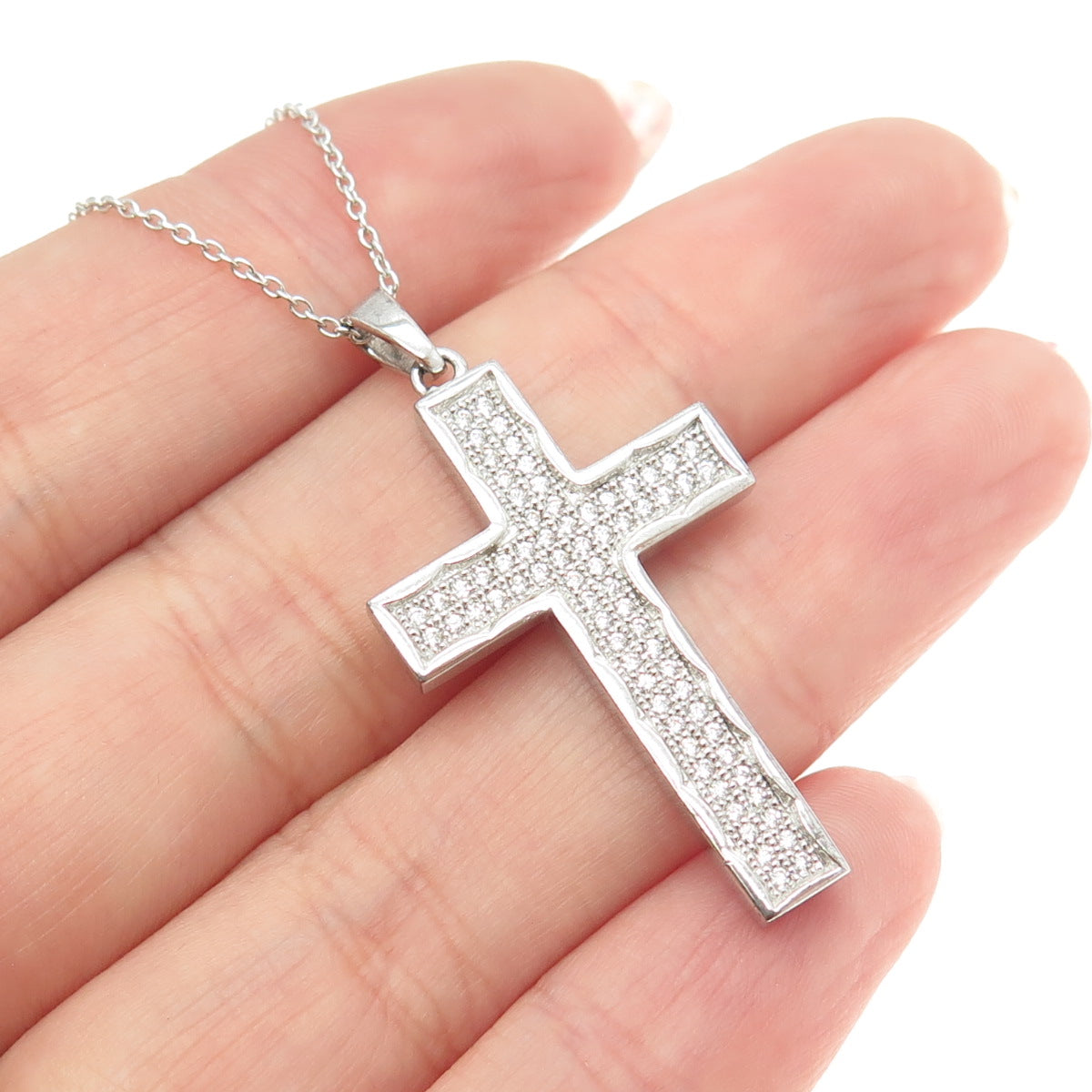 925 Sterling Silver Round-Cut C Z Sparkle Cross Cable Chain Necklace 17-19"