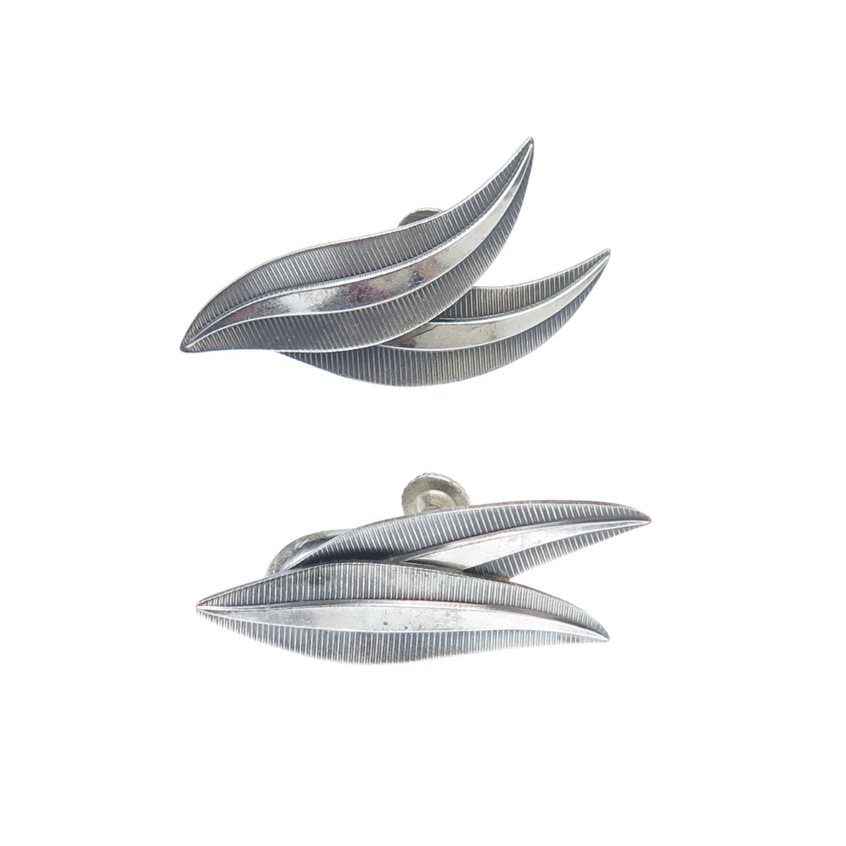 925 Sterling Silver Vintage Germany Modernist Floral Leaf Screw Back Earrings