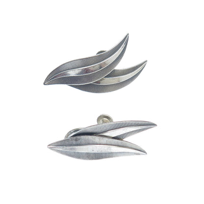 925 Sterling Silver Vintage Germany Modernist Floral Leaf Screw Back Earrings