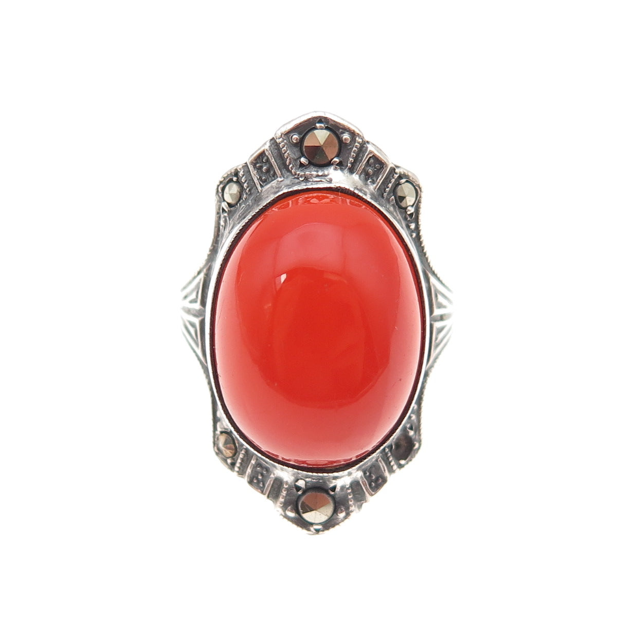 925 Sterling Silver Antique Art Deco Real Carnelian & Marcasite Ring Size 4.5
