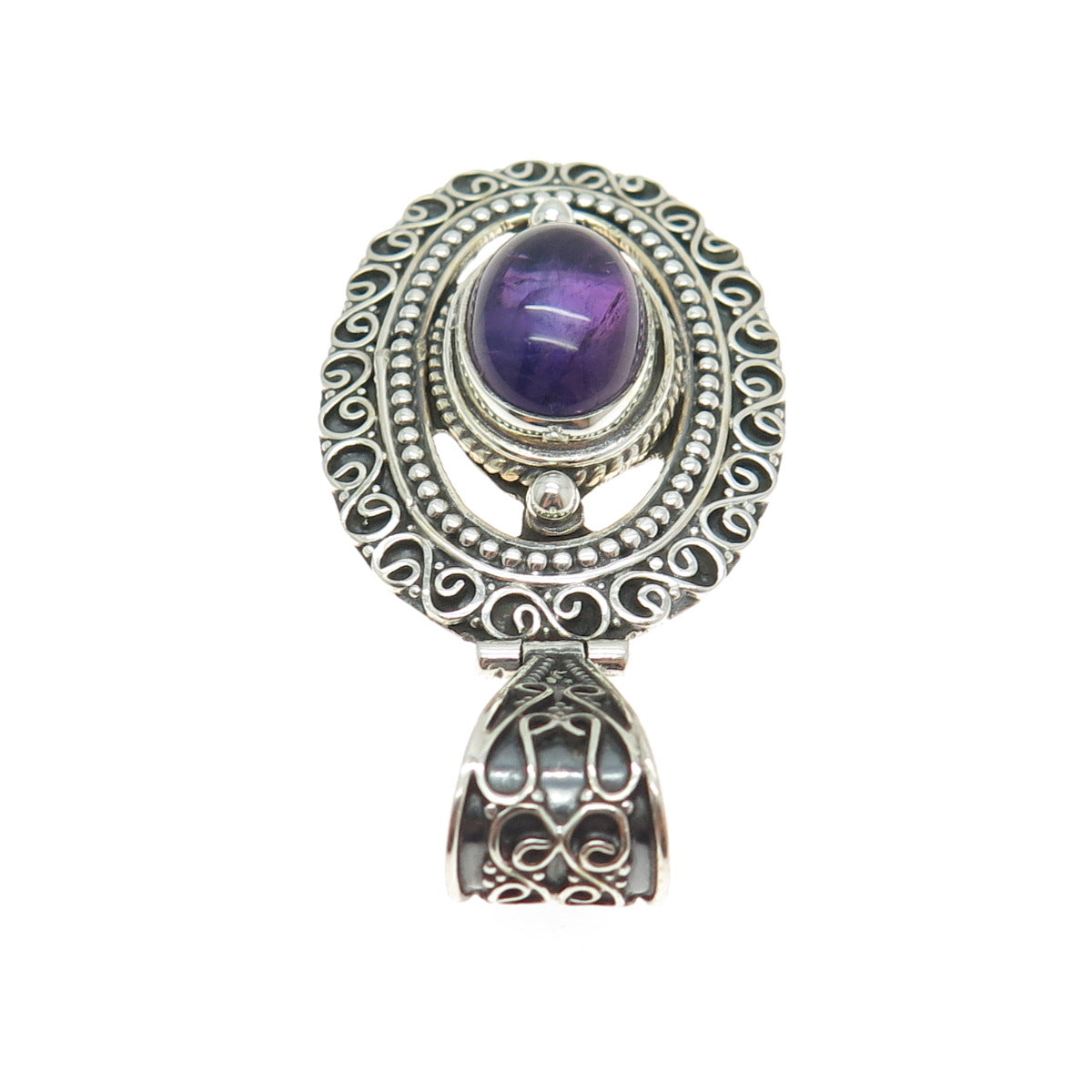 925 Sterling Silver Vintage Real Cabochon Amethyst Swirl Oxidized Pendant