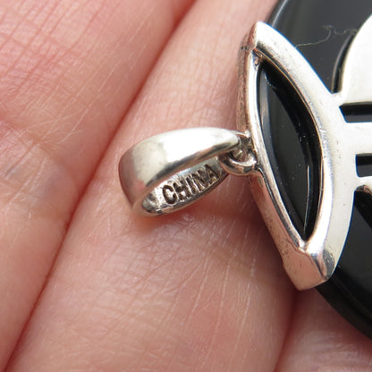 925 Sterling Silver Vintage Real Black Onyx Chinese Character Good Luck Pendant