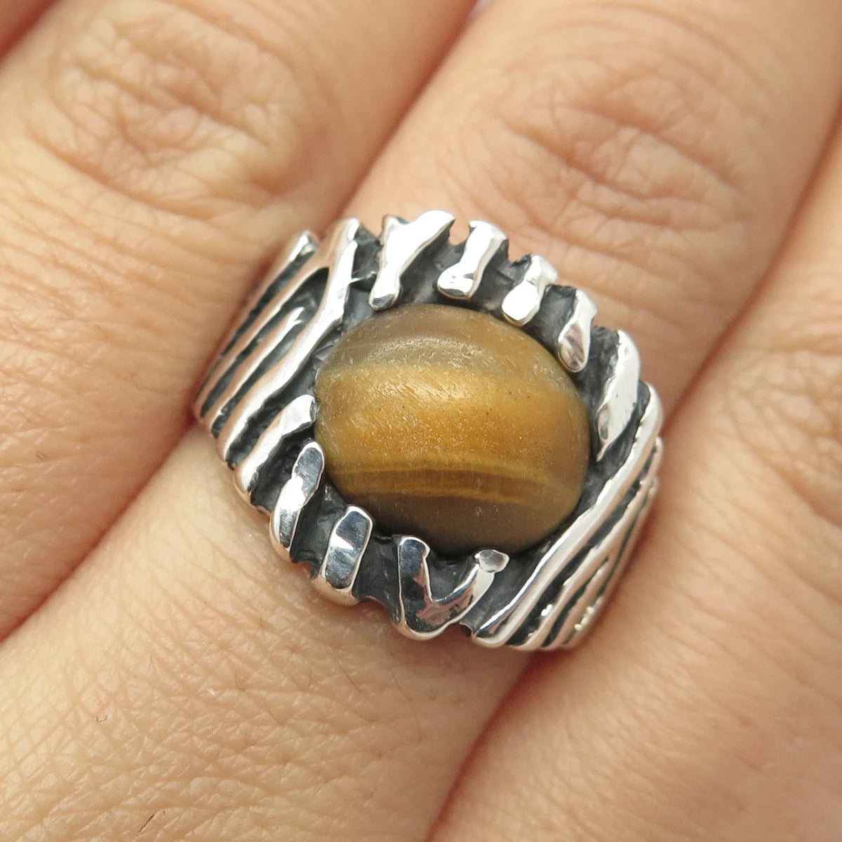 925 Sterling Silver Vintage Real Tiger Eye Gem Striped Ring Size 8.25