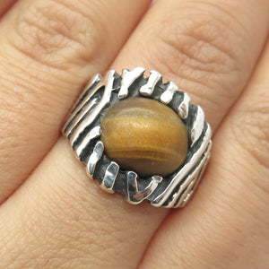 925 Sterling Silver Vintage Real Tiger Eye Gem Striped Ring Size 8.25