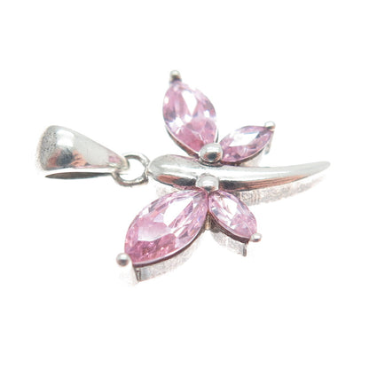 925 Sterling Silver Vintage Pink Marquise-Cut Shaped C Z Dragonfly Pendant