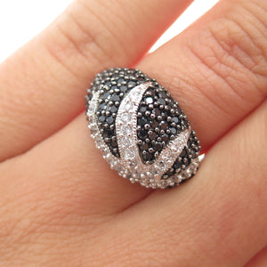 925 Sterling Silver Round-Cut Black & White C Z Floral Dome Ring Size 5.25