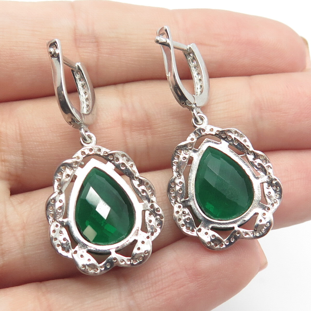 925 Sterling Silver White & Green C Z Dangling Earrings