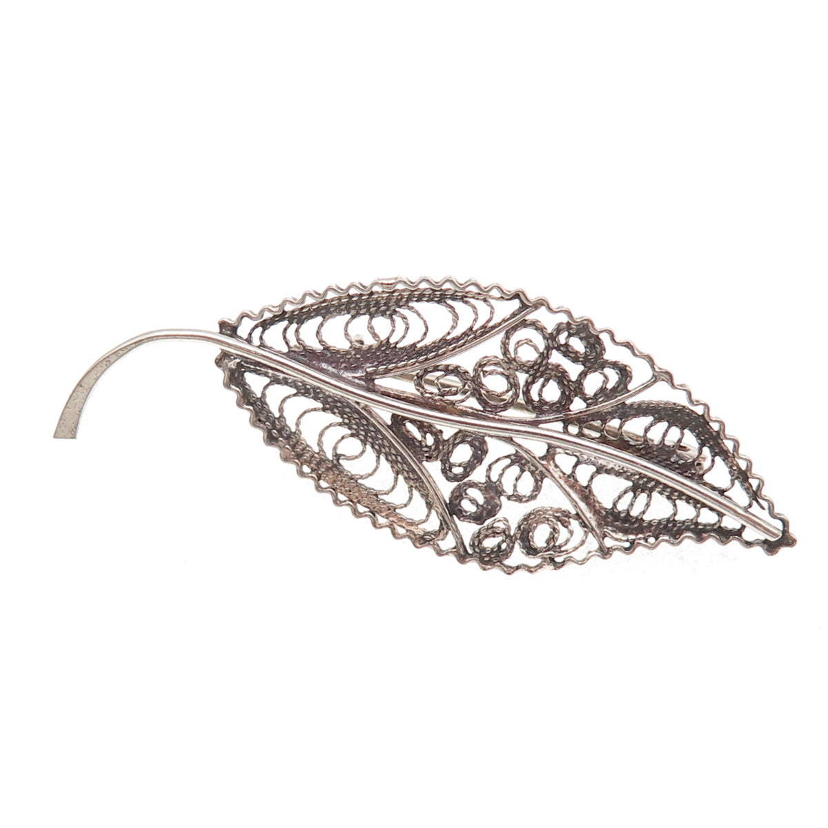 925 Sterling Silver Vintage Floral Leaf Filigree Oxidized Pin Brooch