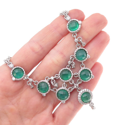Judith Ripka 925 Sterling Silver Real Green Onyx & C Z Double Chain Necklace 18"