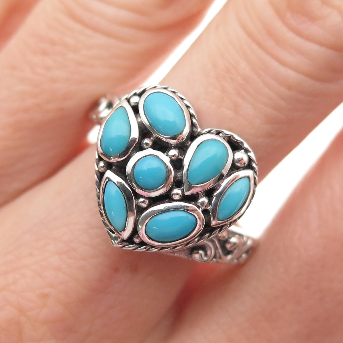 Samuel Benham 925 Sterling Silver Vintage Real Turquoise Heart Ring Size 10.25