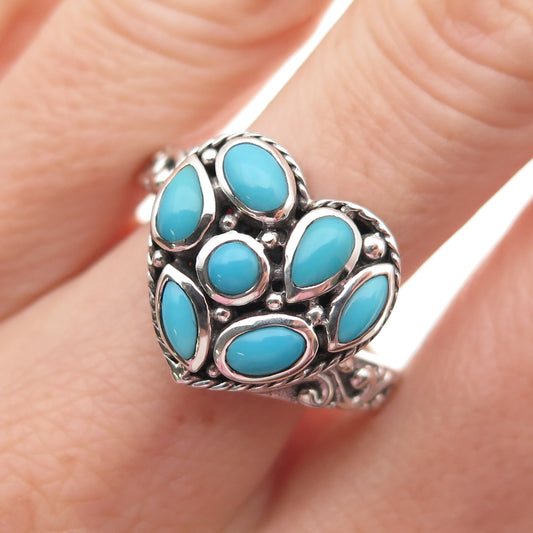 Samuel Benham 925 Sterling Silver Vintage Real Turquoise Heart Ring Size 10.25