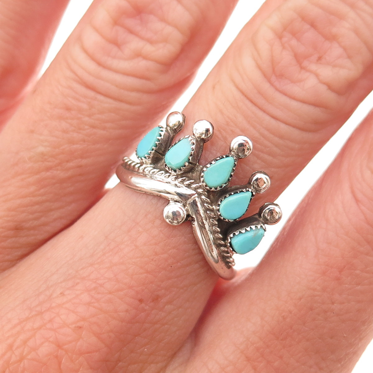 Old Pawn 925 Sterling Silver Vintage Southwestern Turquoise Crown Ring Size 7.25
