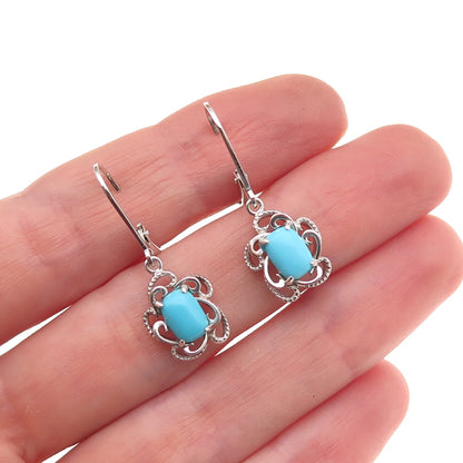925 Sterling Silver Real Sleeping Beauty Turquoise Floral Dangle Earrings