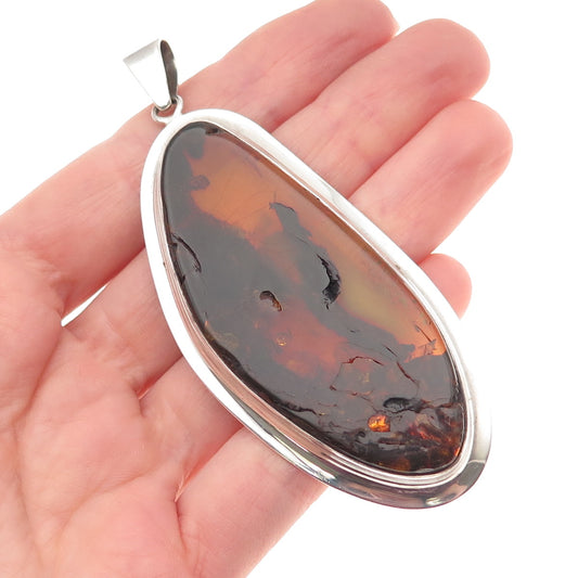 925 Sterling Silver Vintage Real Amber Modernist Pendant