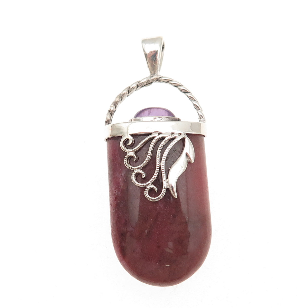 925 Sterling Silver Vintage Real Rhodonite & Amethyst Floral Charm Pendant