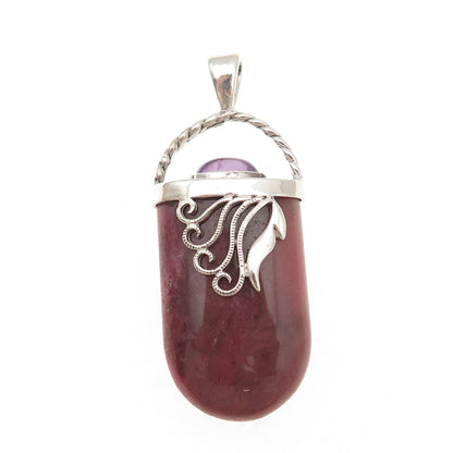 925 Sterling Silver Vintage Real Rhodonite & Amethyst Floral Charm Pendant
