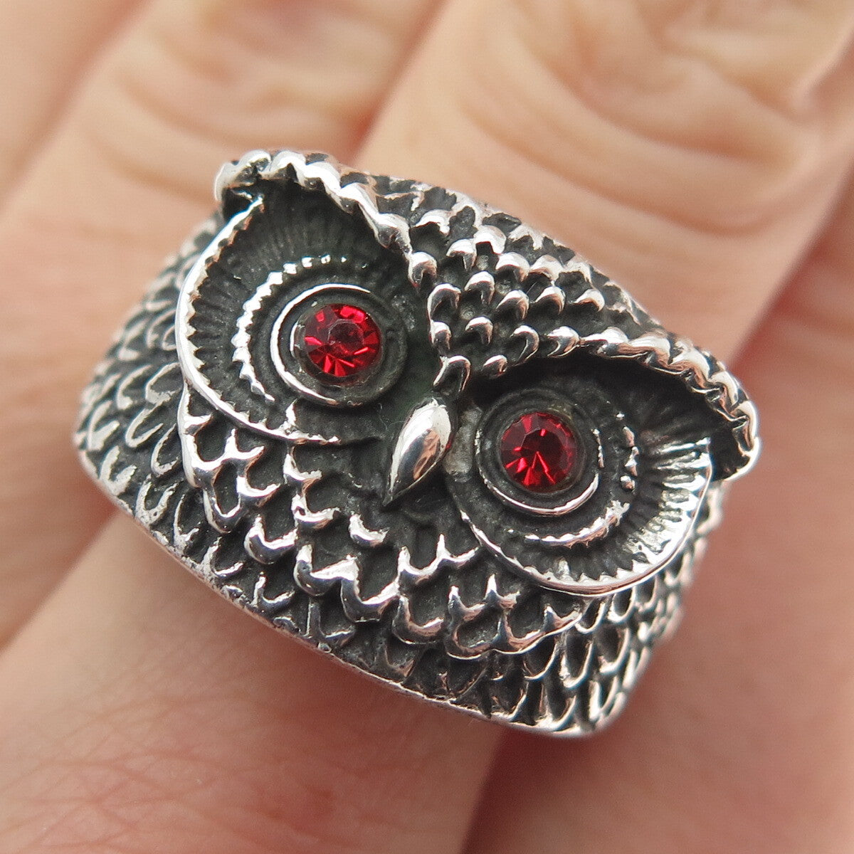 925 Sterling Silver Vintage Red Rhinestone Owl Bird Oxidized Ring Size 10.25