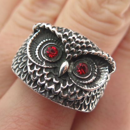 925 Sterling Silver Vintage Red Rhinestone Owl Bird Oxidized Ring Size 10.25