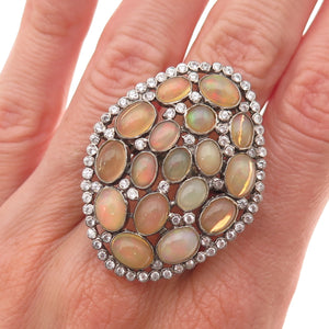 925 Sterling Silver Black Rhodium Real Opal & White Topaz Cluster Ring Size 6.75