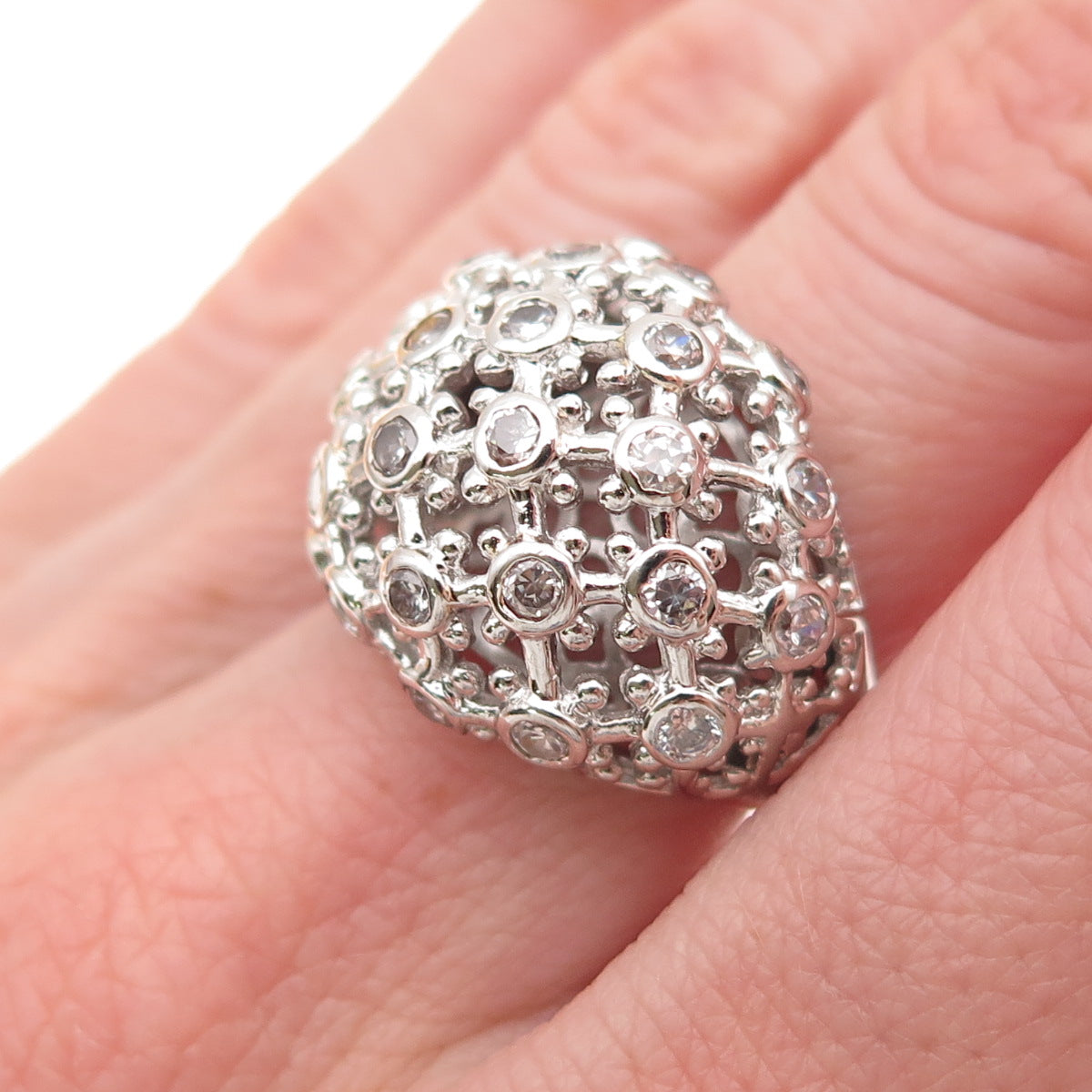 925 Sterling Silver Round-Cut C Z Cluster Dome Ring Size 6.25