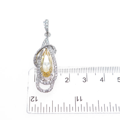 925 Sterling Silver Pear-Cut Canary & Round-Cut White C Z Twisted Charm Pendant