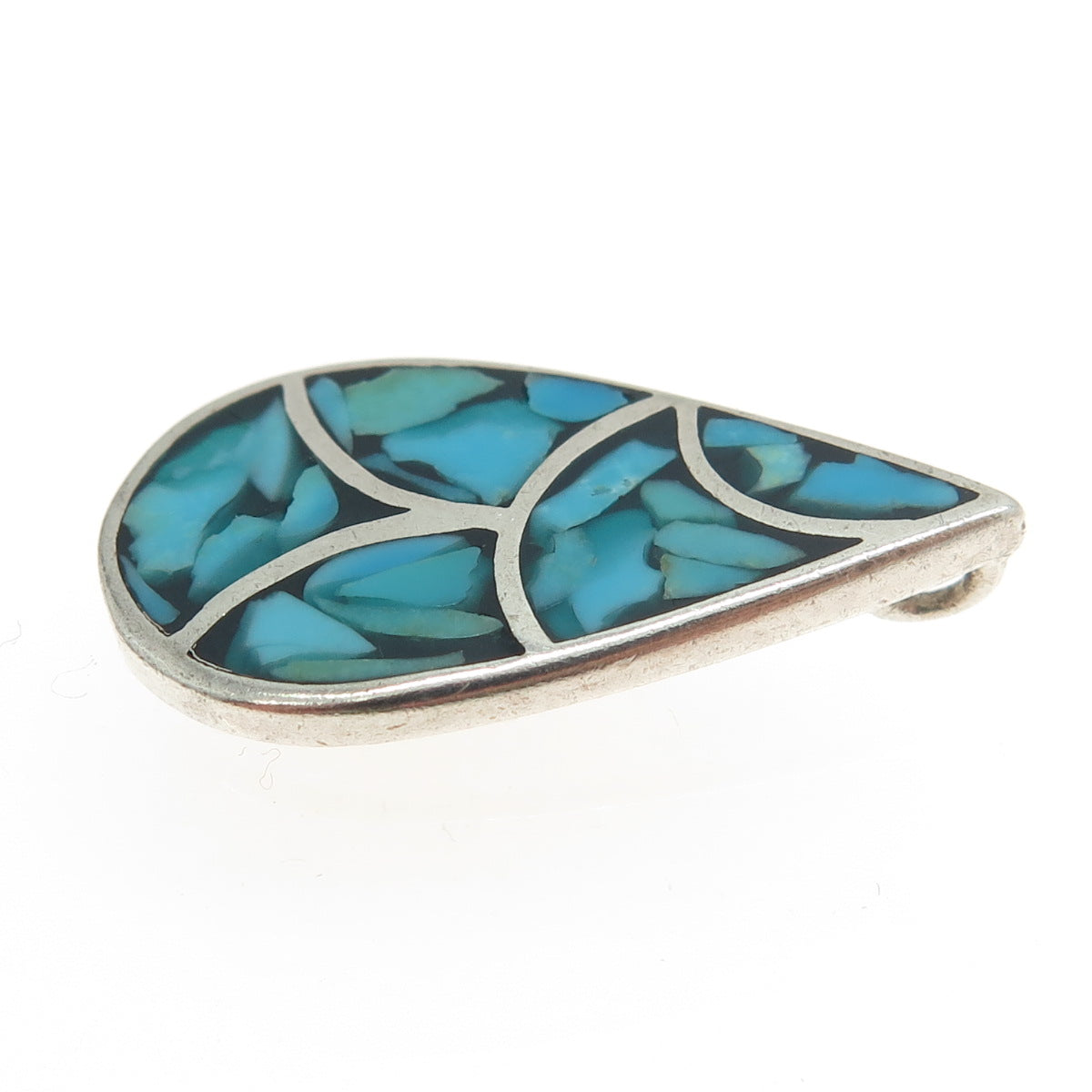 Old Pawn Sterling Silver Vintage Southwestern Turquoise Inlay Teardrop Pendant