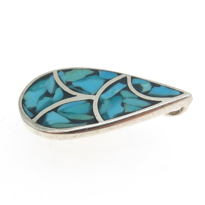 Old Pawn Sterling Silver Vintage Southwestern Turquoise Inlay Teardrop Pendant