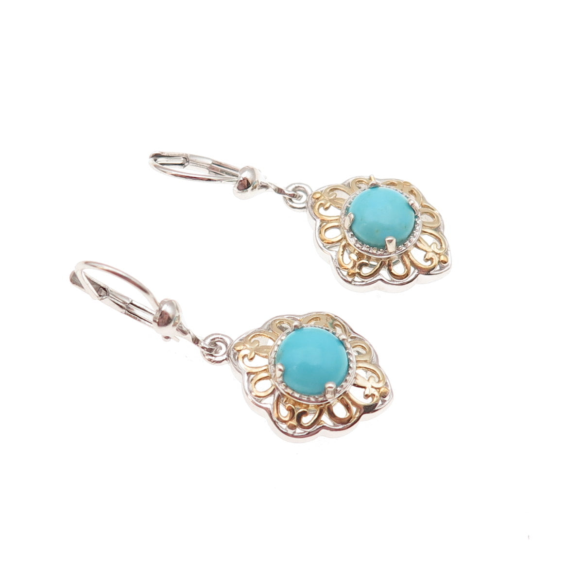 D'Joy 925 Sterling Silver 2-Tone Real Tyrone Turquoise Floral Dangle Earrings