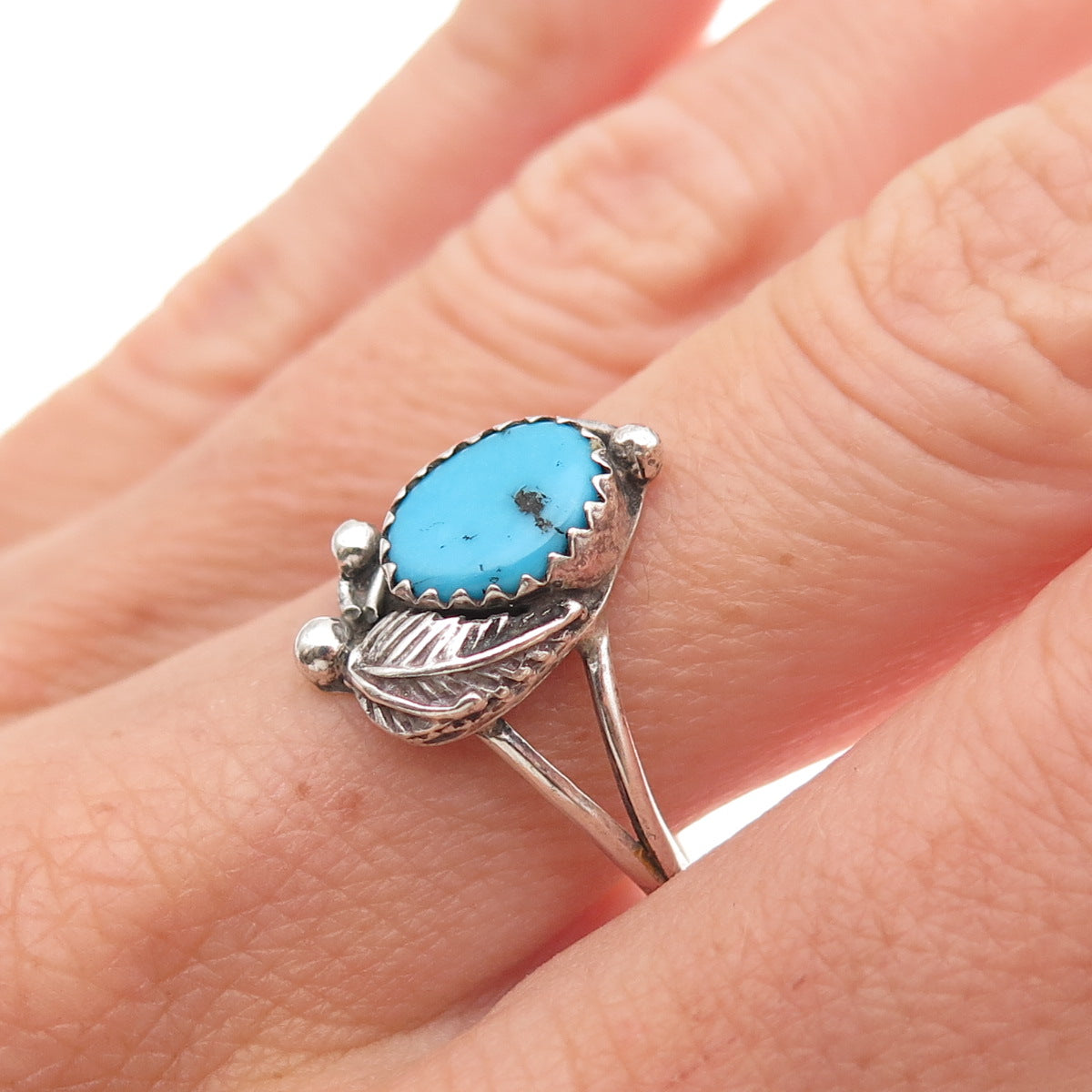 Old Pawn Sterling Silver Vintage Southwestern Turquoise Feather Ring Size 8.5
