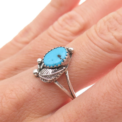 Old Pawn Sterling Silver Vintage Southwestern Turquoise Feather Ring Size 8.5