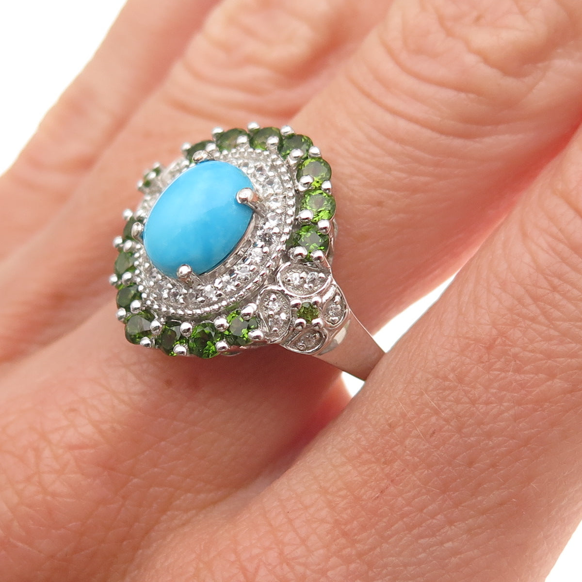Chuck Clemency 925 Sterling Silver Real Turquoise Peridot & Topaz Ring Size 8.25