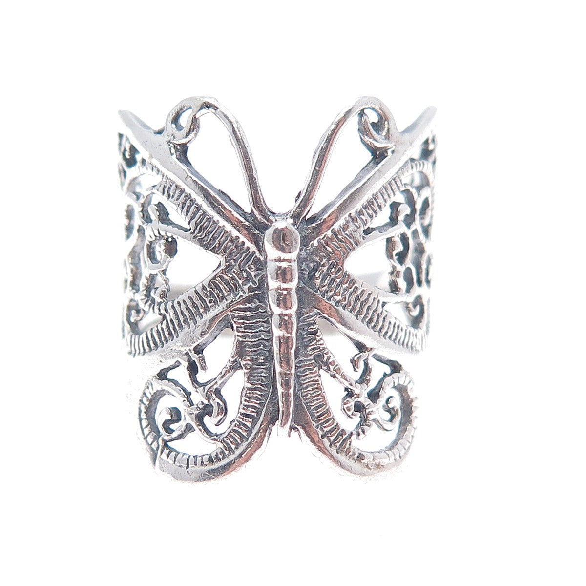 925 Sterling Silver Vintage Butterfly Filigree Oxidized Ring Size 6.5