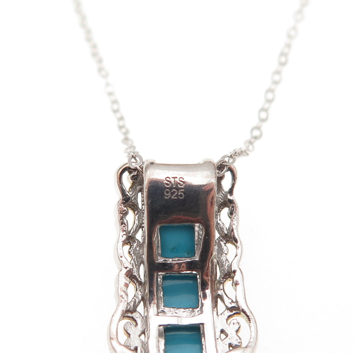 Chuck Clemency 925 Sterling Silver 2-Tone Real Turquoise Chain Necklace 20"