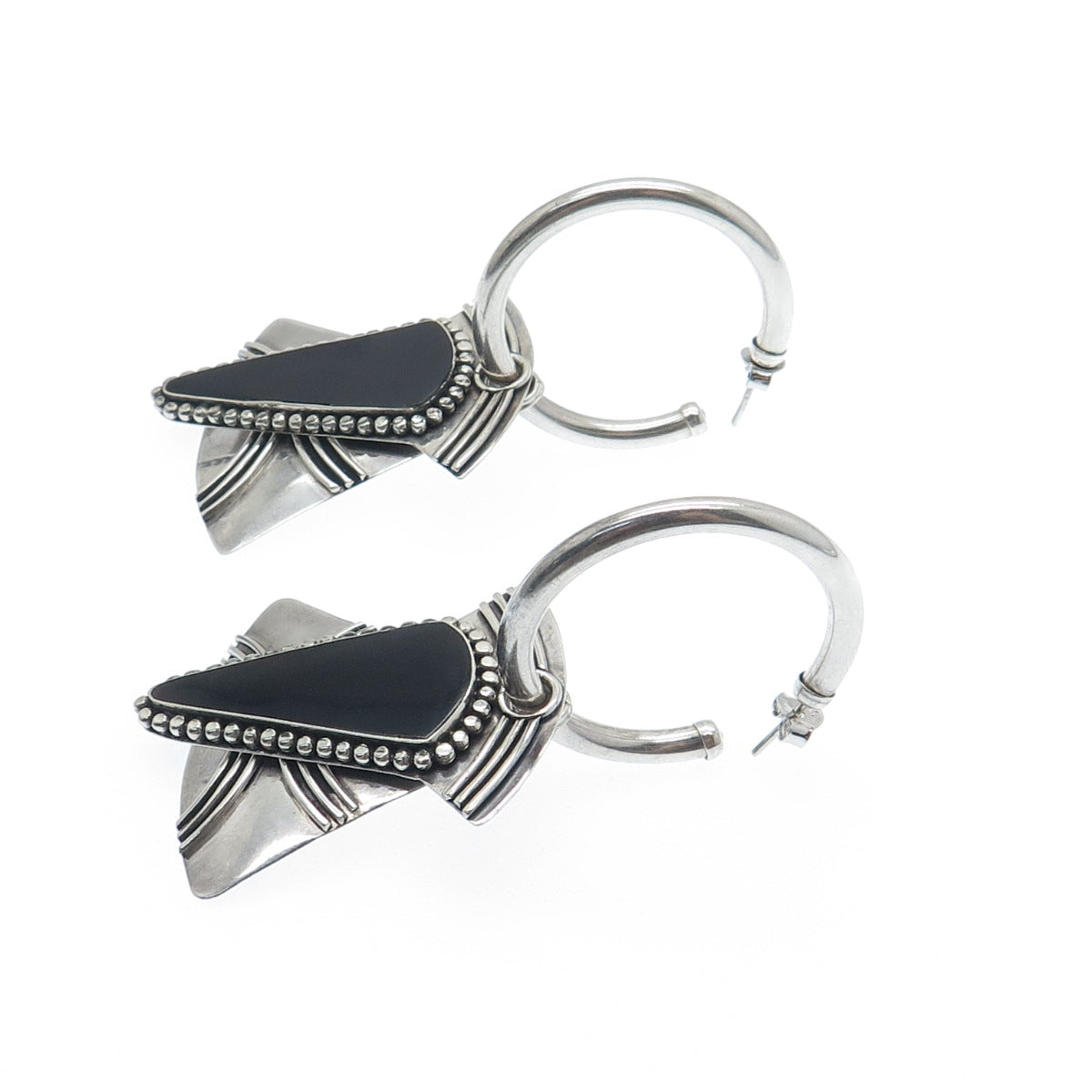 925 Sterling Silver Vintage Real Black Onyx Gem Tribal Hoop Dangle Earrings