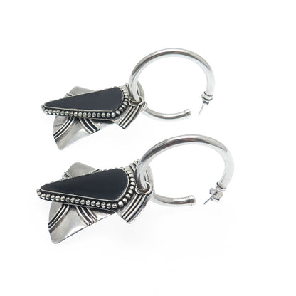 925 Sterling Silver Vintage Real Black Onyx Gem Tribal Hoop Dangle Earrings