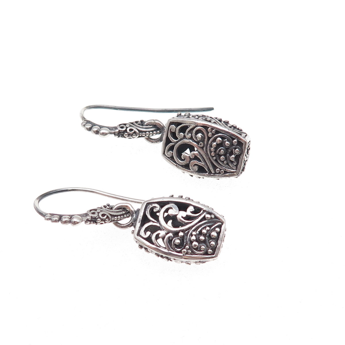 Sarda 925 Sterling Silver Vintage Floral Scroll Oxidized Dangle Earrings
