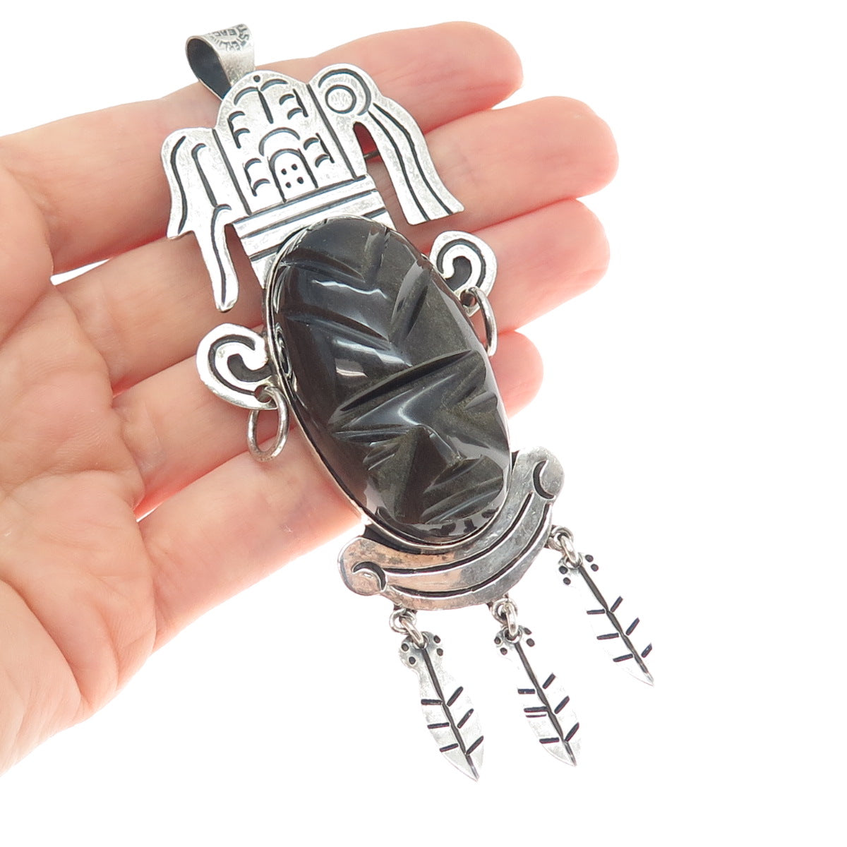 925 Sterling Vintage Mexico Real Golden Sheen Obsidian Carved Tribal God Pendant